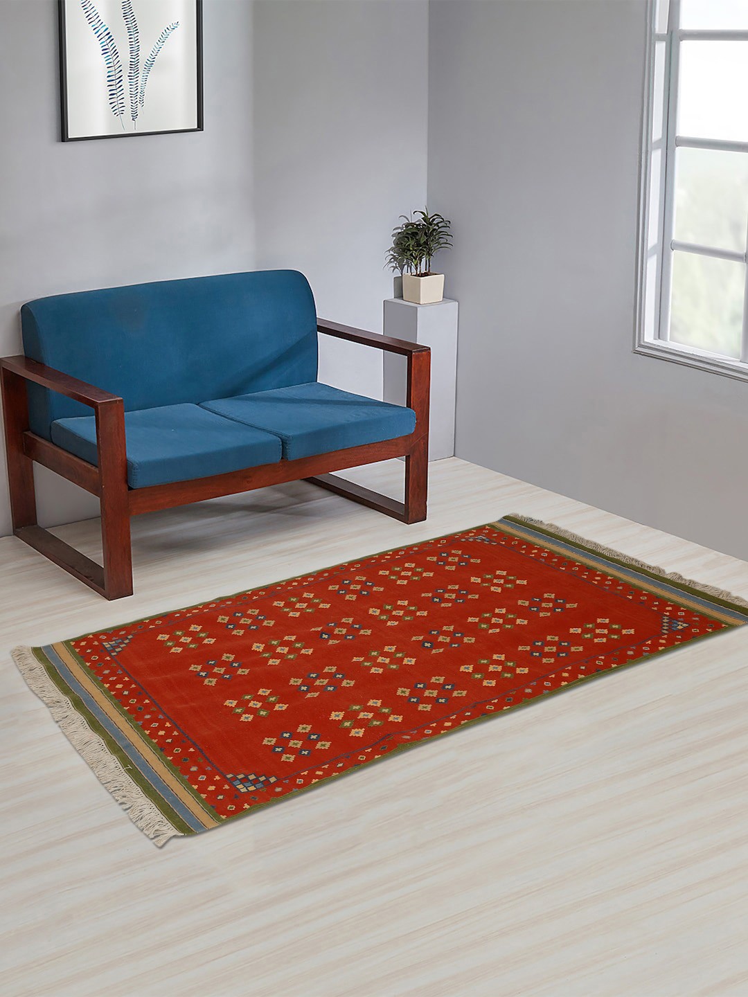 

Fabindia Rust Orange & Green Printed Cotton Dhurrie