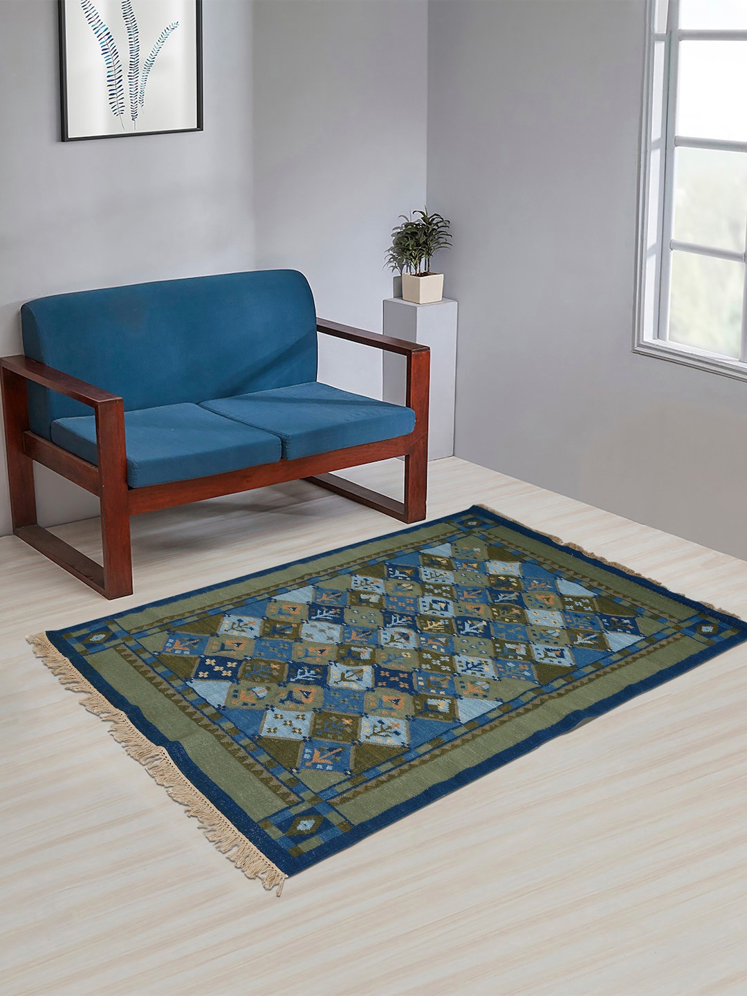 

Fabindia Blue & Green Woven Design Woolen Dhurrie
