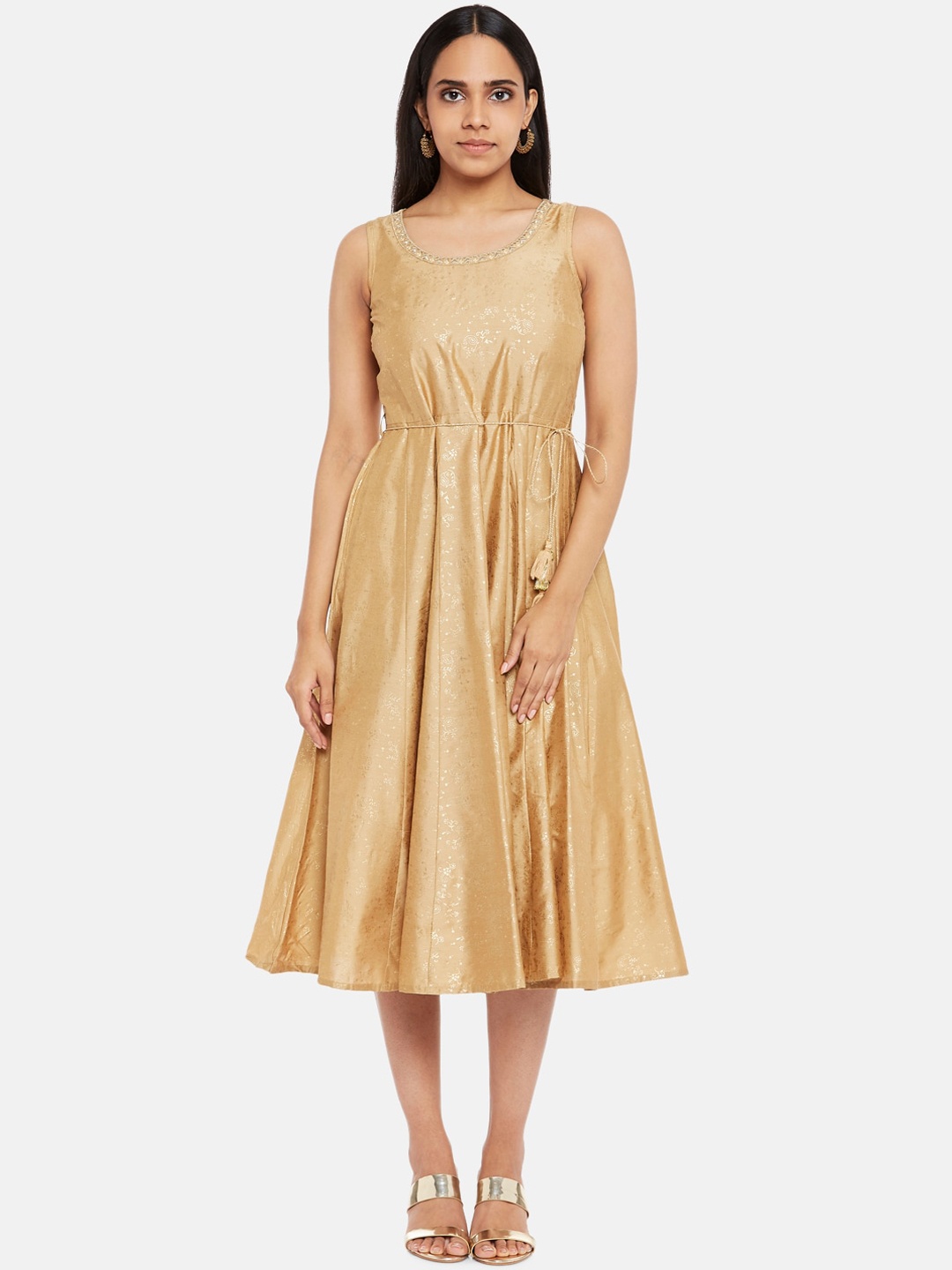 

AKKRITI BY PANTALOONS Women Gold-Toned Ethnic Motifs Belted Midi Dress