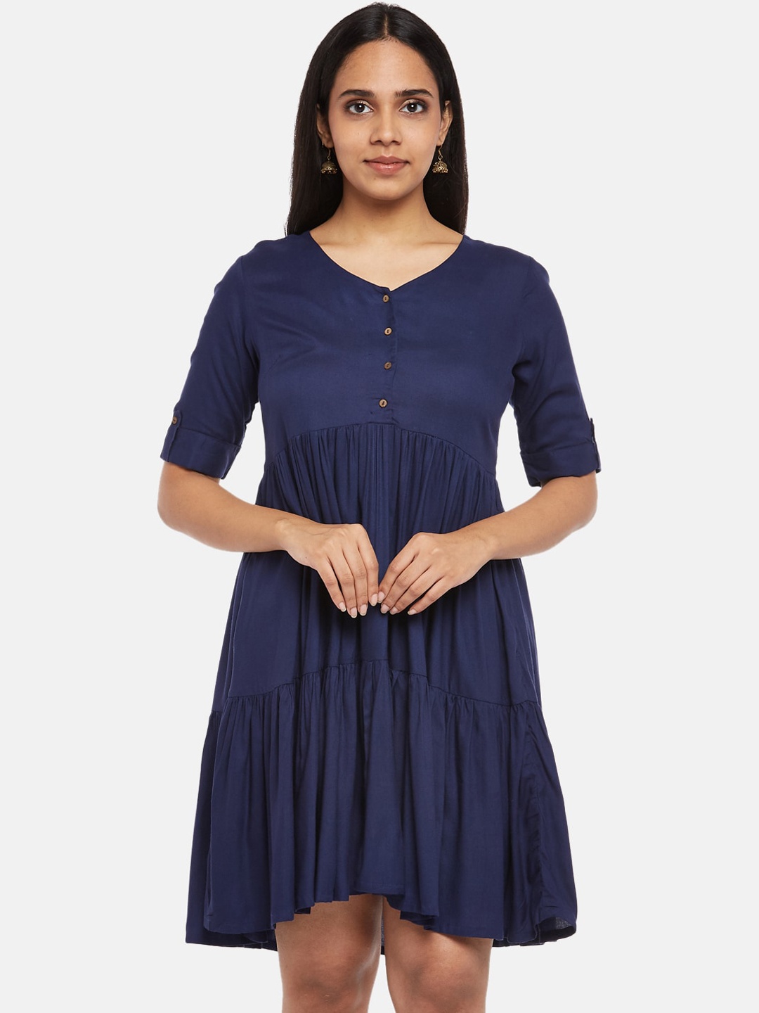 

AKKRITI BY PANTALOONS Women Navy Blue Solid A-Line Dress with Scarf