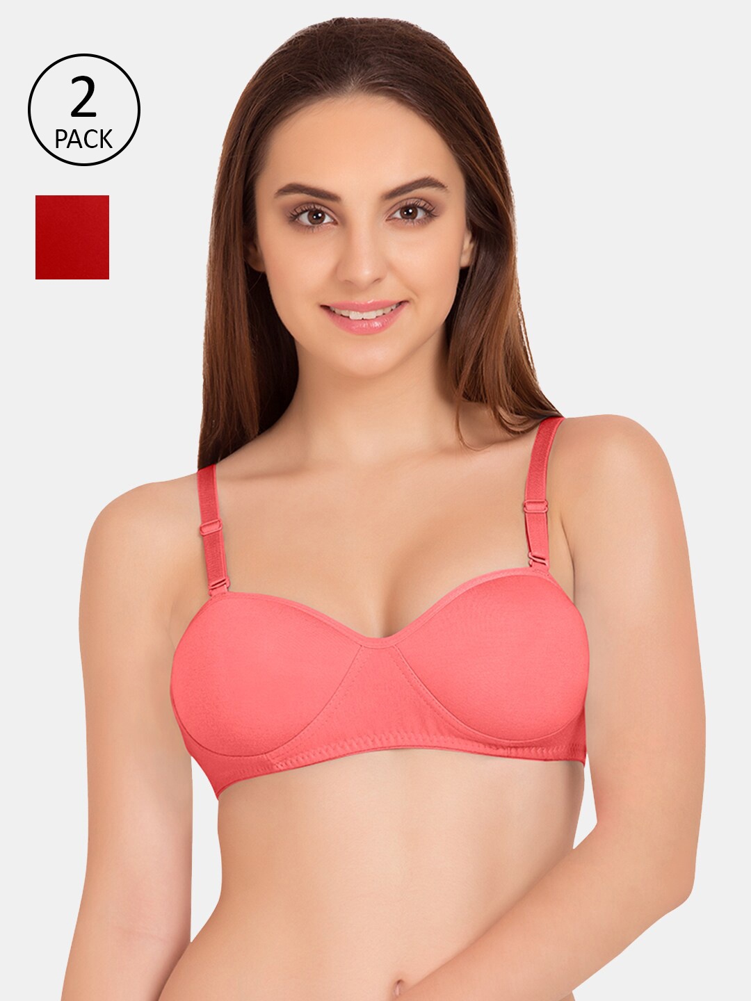 

Tweens Women Pack Of 2 Coral & Red Non Wired Lightly Padded T-Shirt Bra