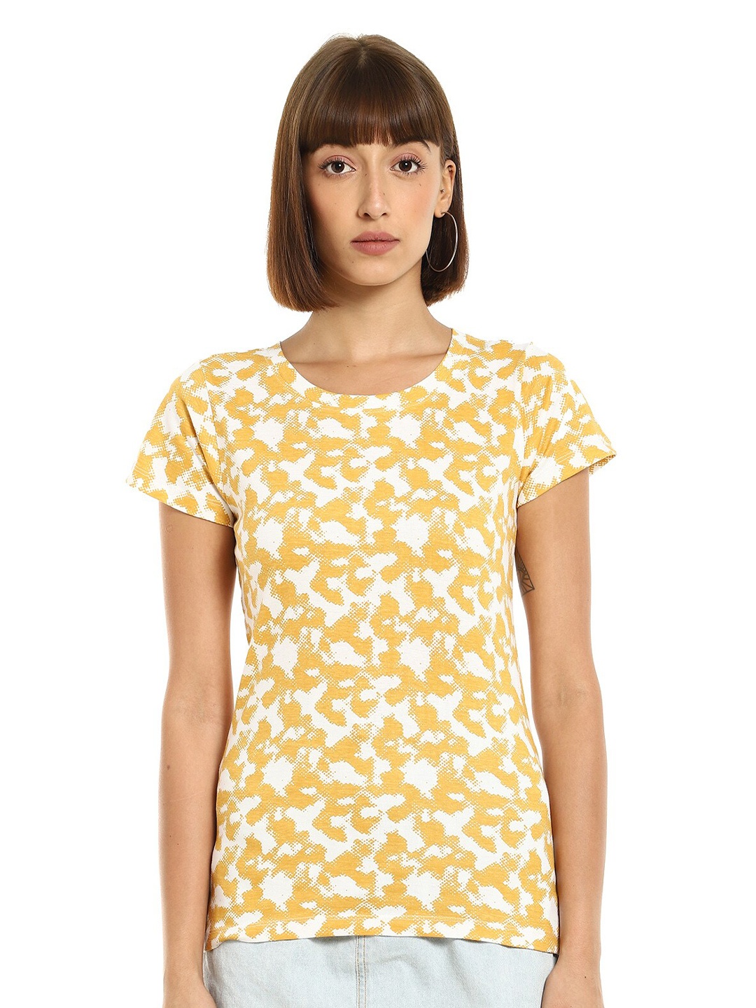 

Sugr Women Mustard Yellow White Printed Extended Sleeves Pure Cotton T-shirt