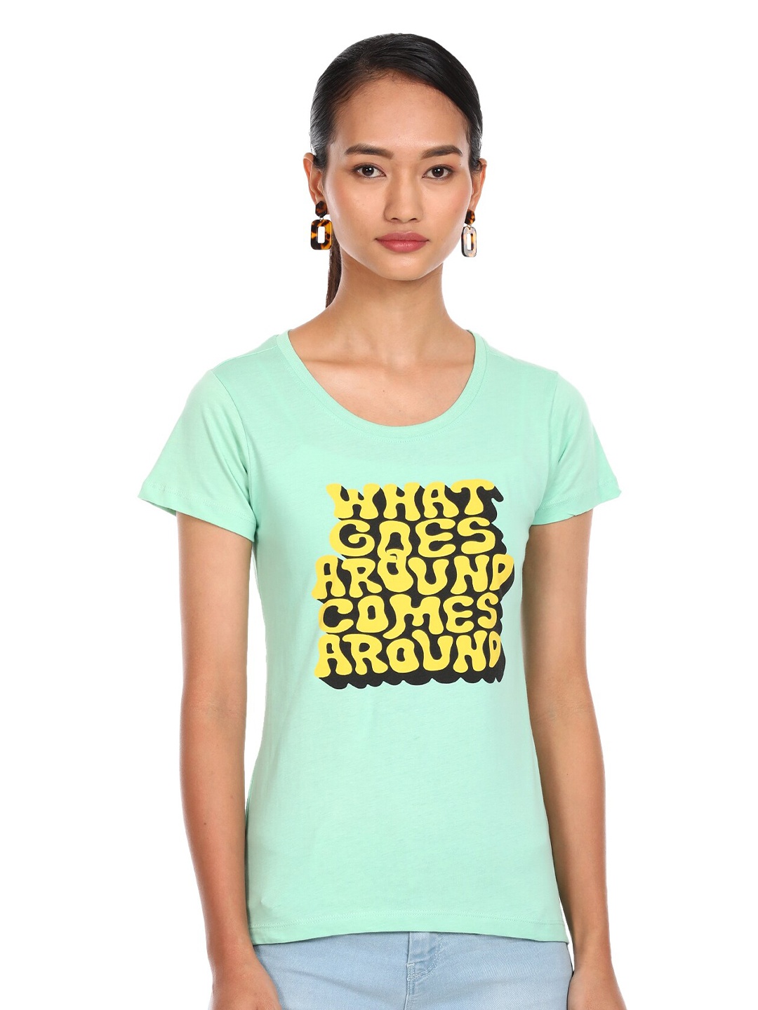 

Sugr Women Green Typography Printed Applique T-shirt