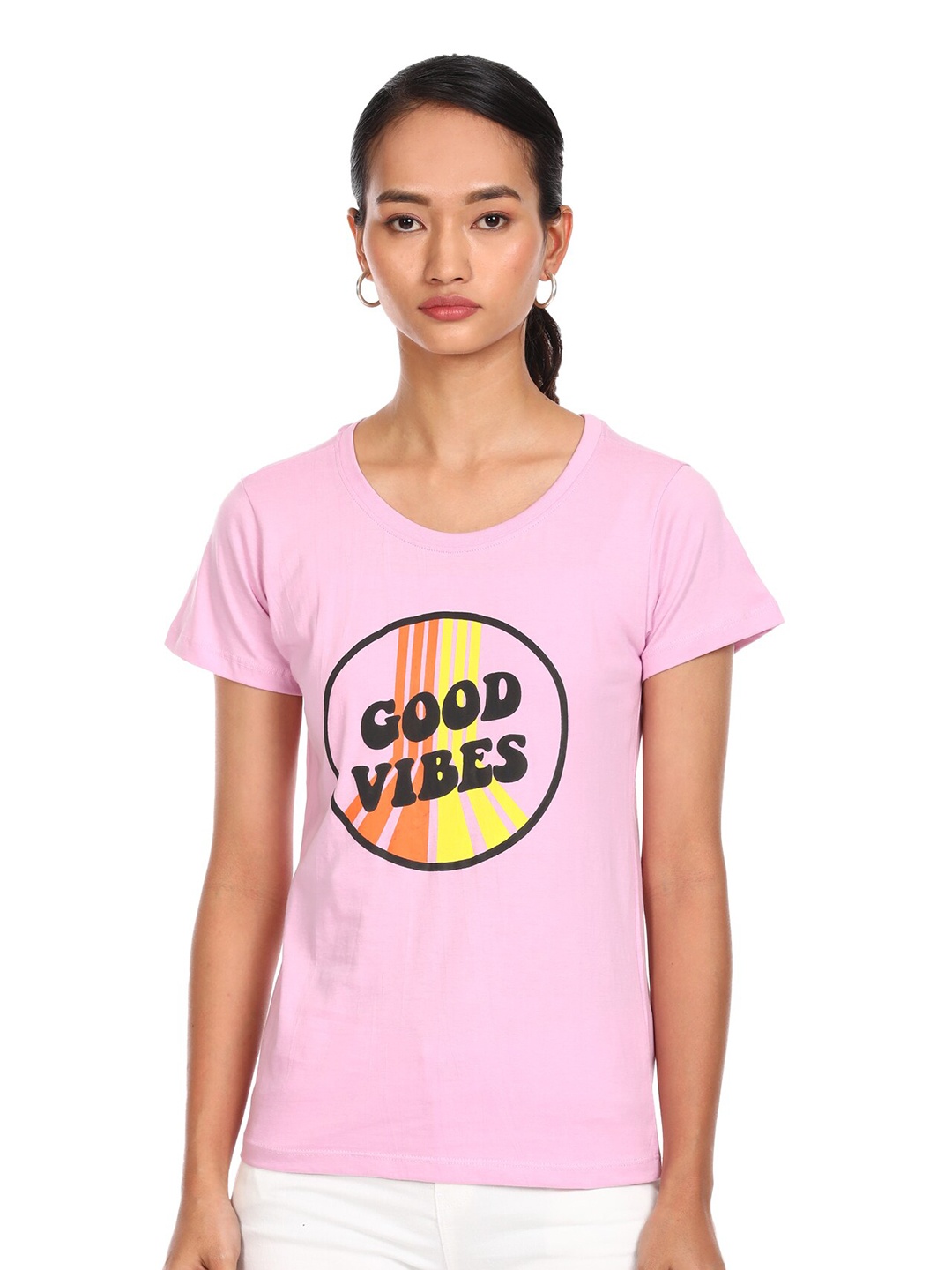

Sugr Women Pink Black Typography Printed Pure Cotton T-shirt