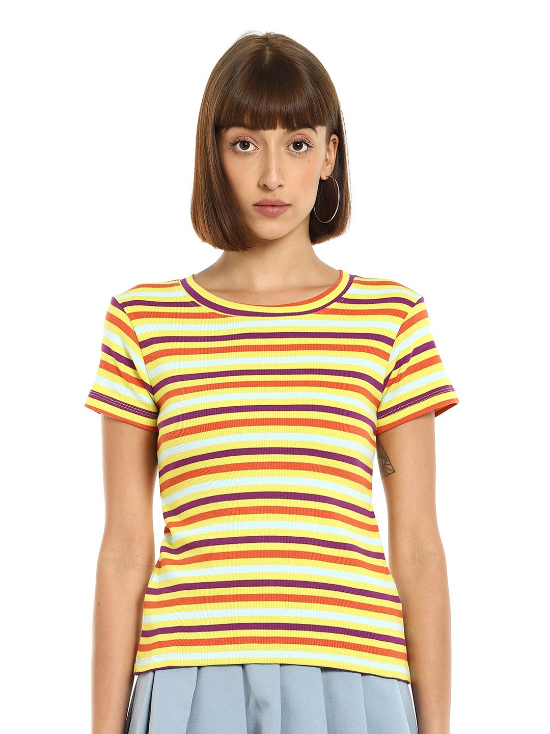 

Sugr Women Yellow Purple Striped Cotton Pure Cotton T-shirt