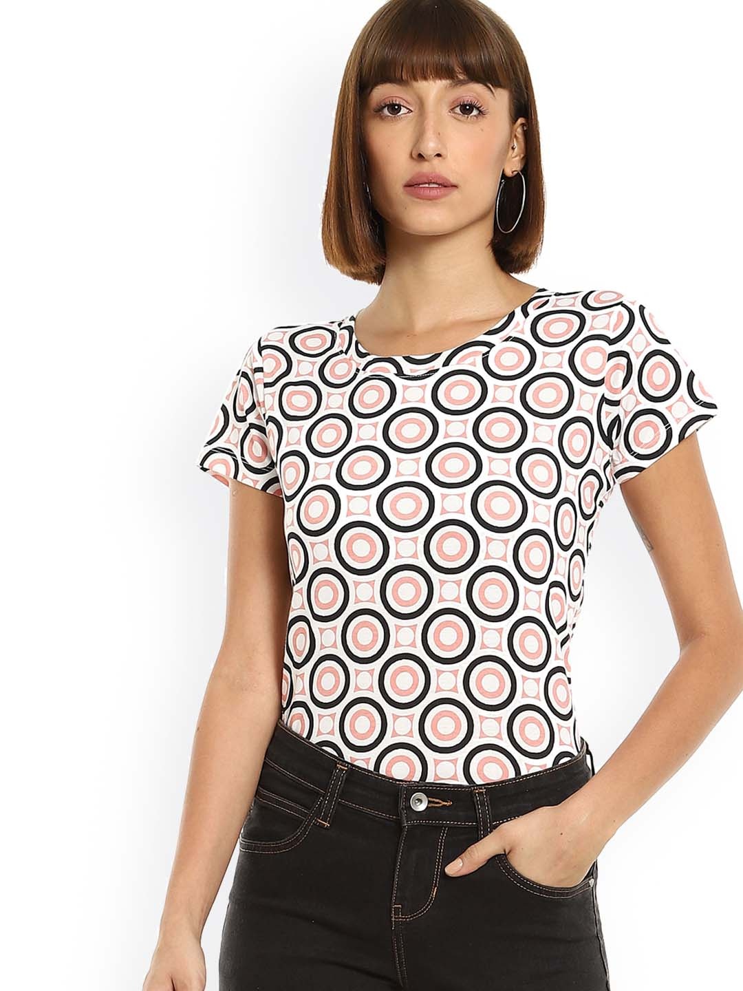 

Sugr Women Peach-Coloured & Black Printed T-shirt
