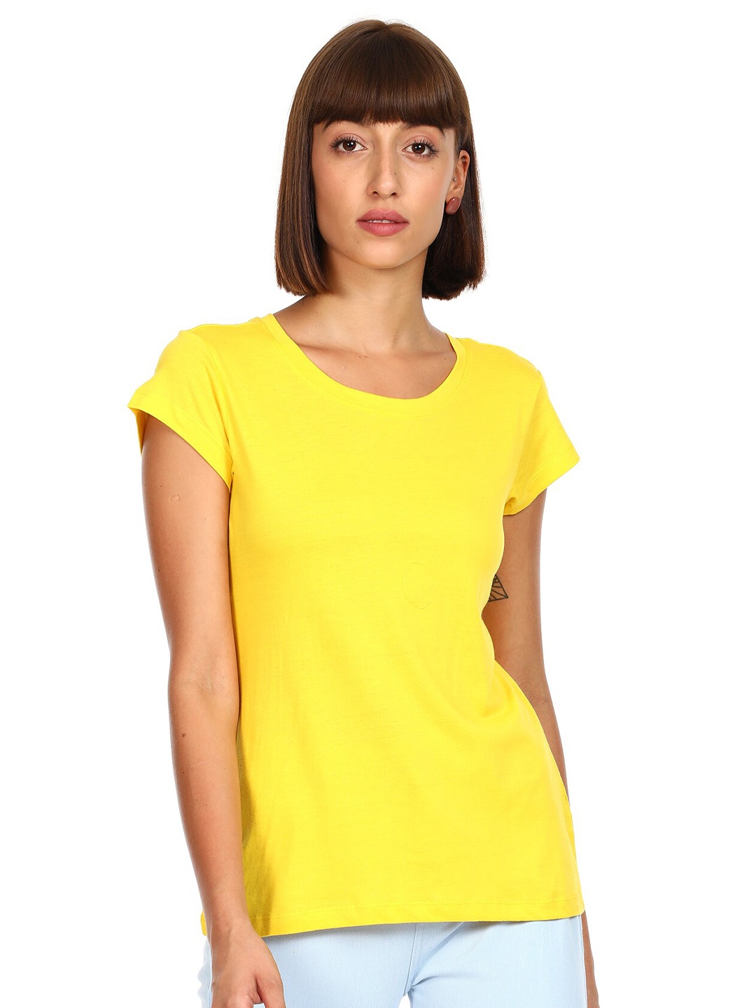 

Sugr Women Yellow Cotton Pure Cotton T-shirt