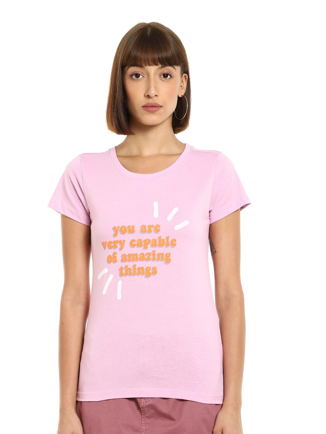 

Sugr Women Pink & Orange Typography Printed T-shirt