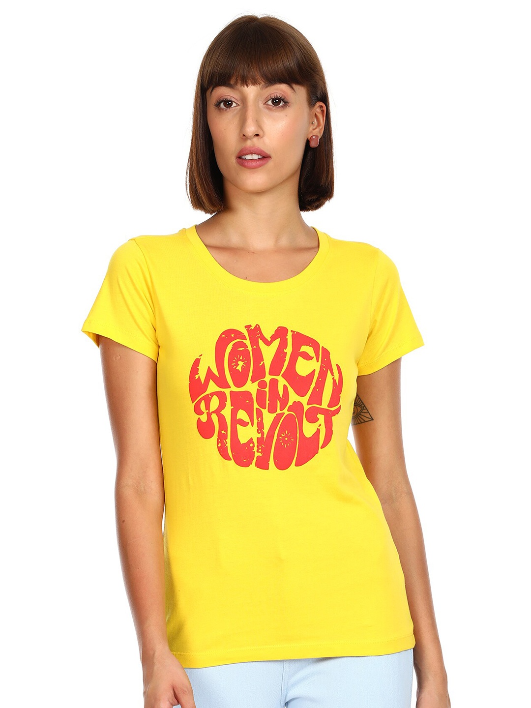 

Sugr Women Yellow Red Typography Printed Cotton Pure Cotton T-shirt