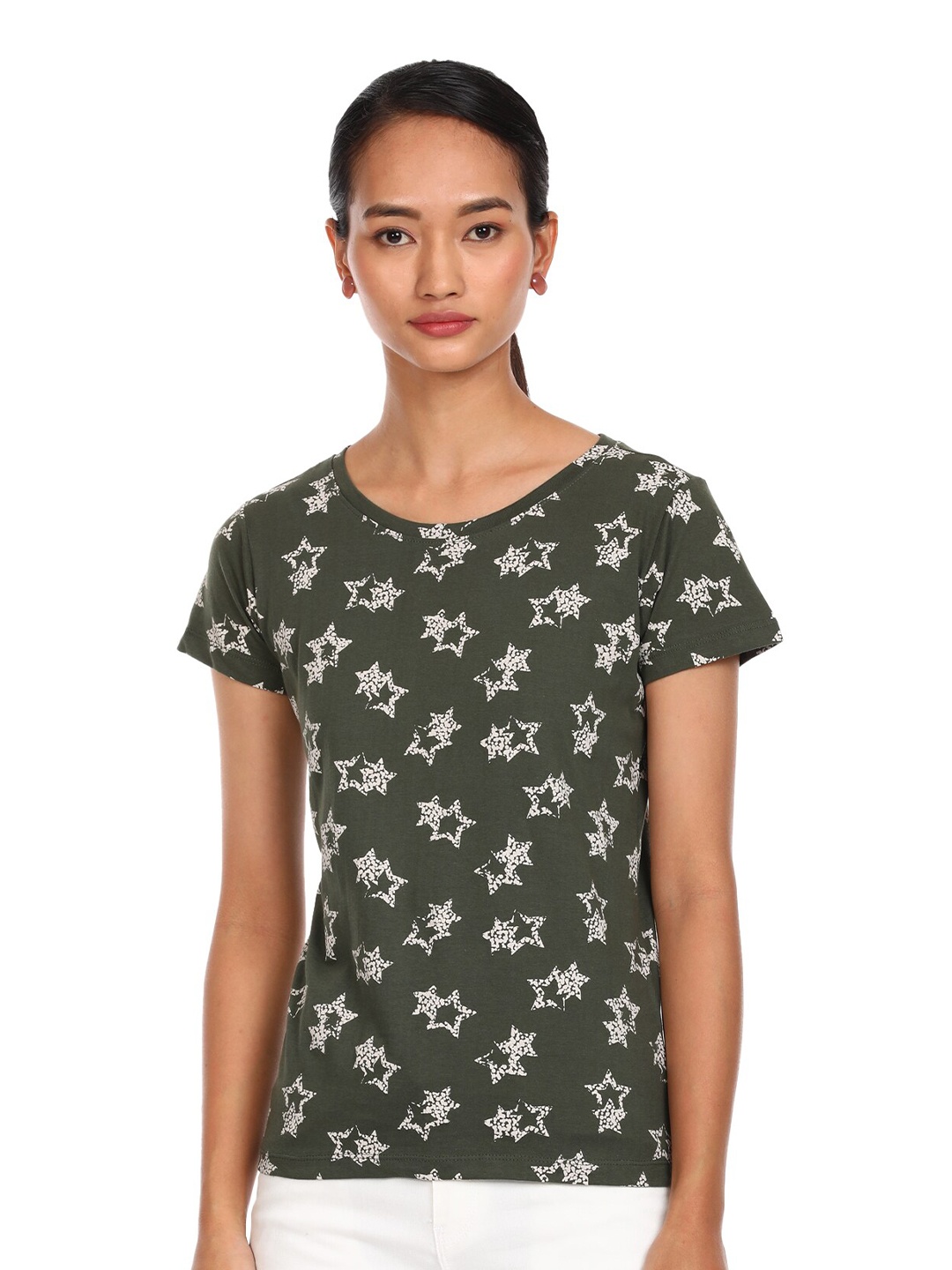 

Sugr Women Olive Green Floral Printed Pockets T-shirt