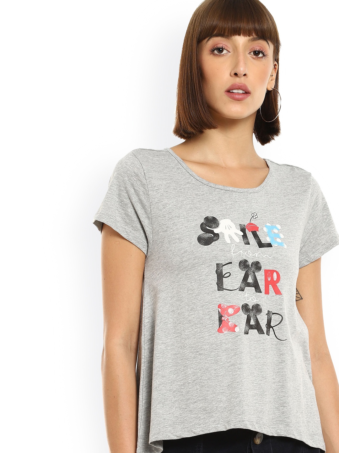 

Sugr Women Grey & Black Mickey Mouse Typography Printed T-shirt