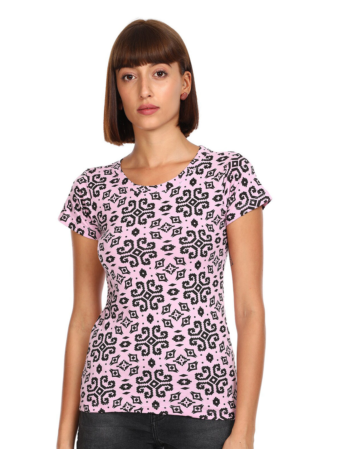 

Sugr Women Pink & Black Printed T-shirt