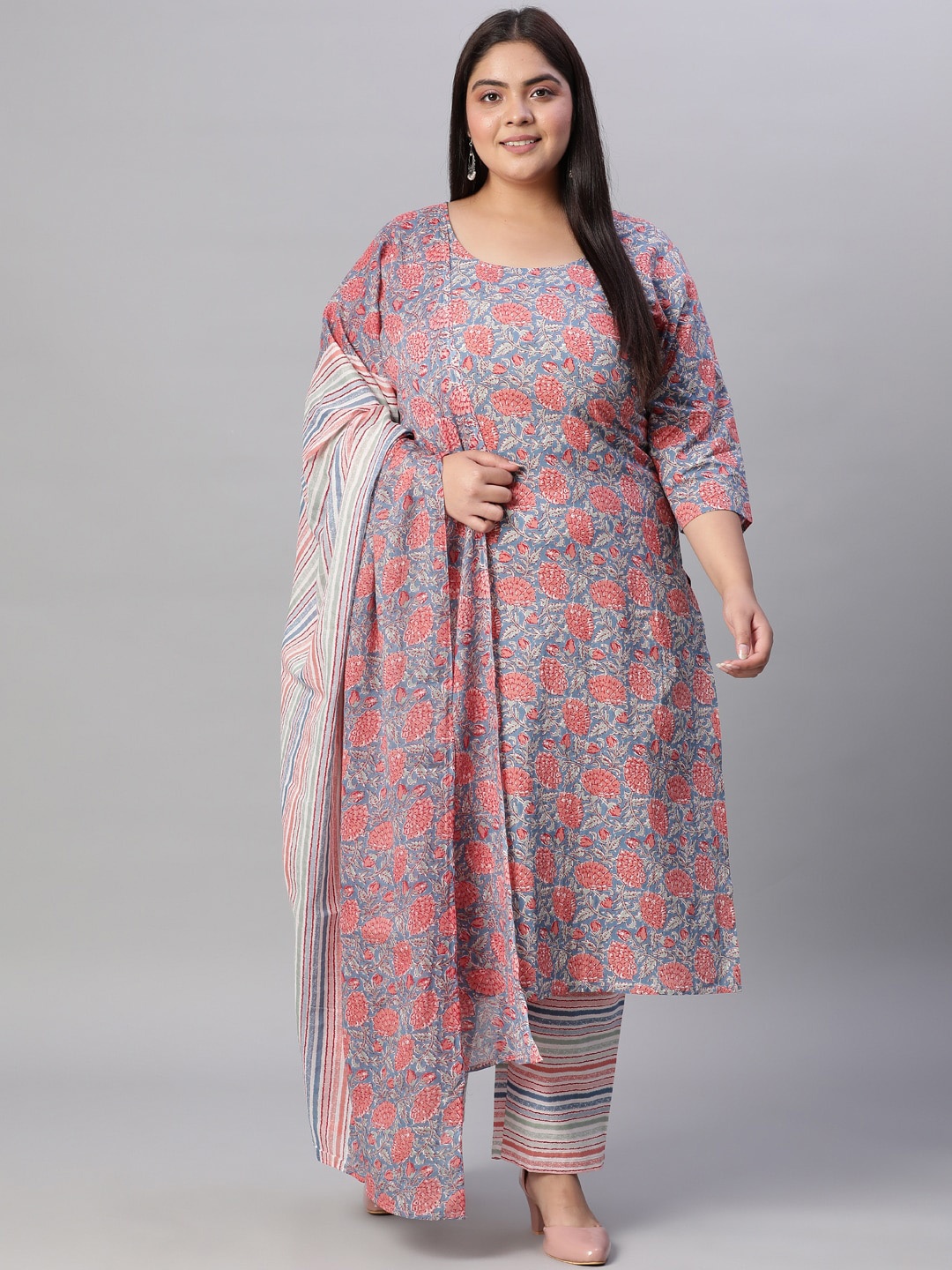 

Nayo Women Blue Floral Printed Regular Pure Cotton Kurta with Trousers & With Dupatta