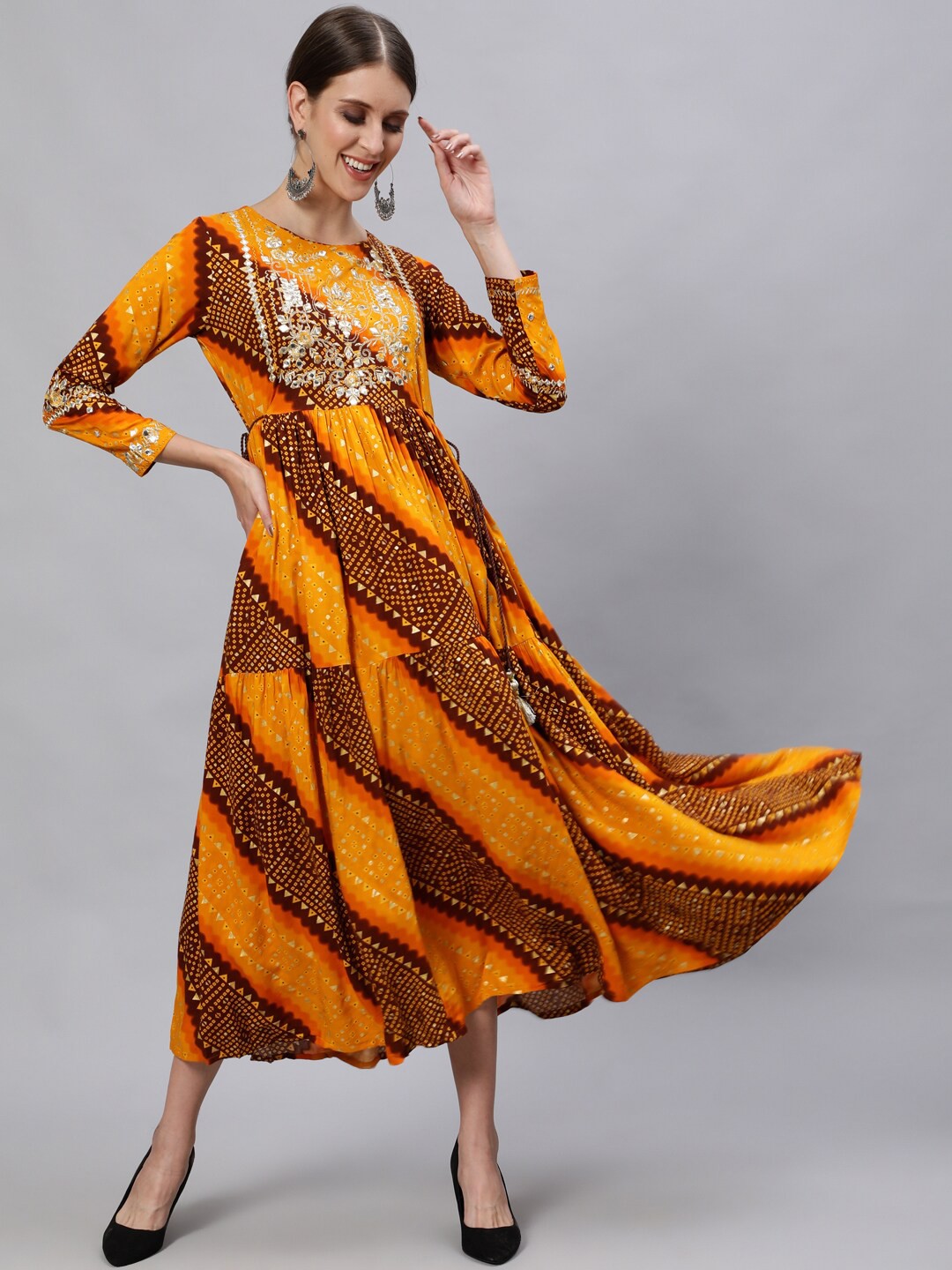 

Ishin Women Mustard Yellow & Brown Bandhani Printed Anarkali Kurta