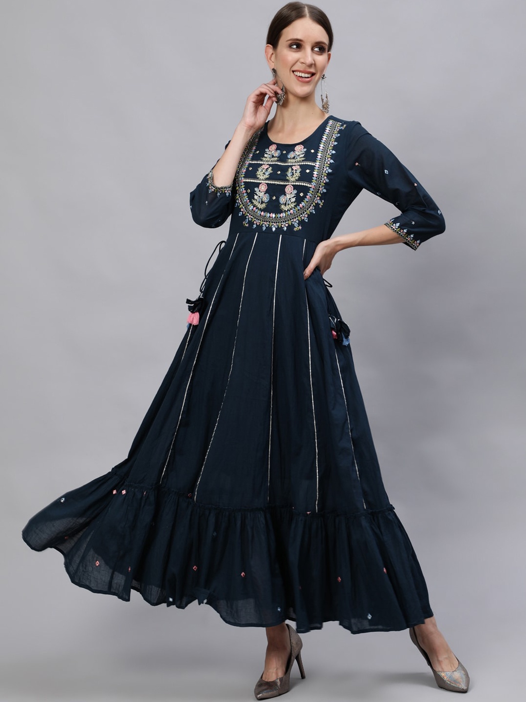 

Ishin Women Navy Blue & Pink Ethnic Motifs Embroidered Cotton Anarkali Kurta