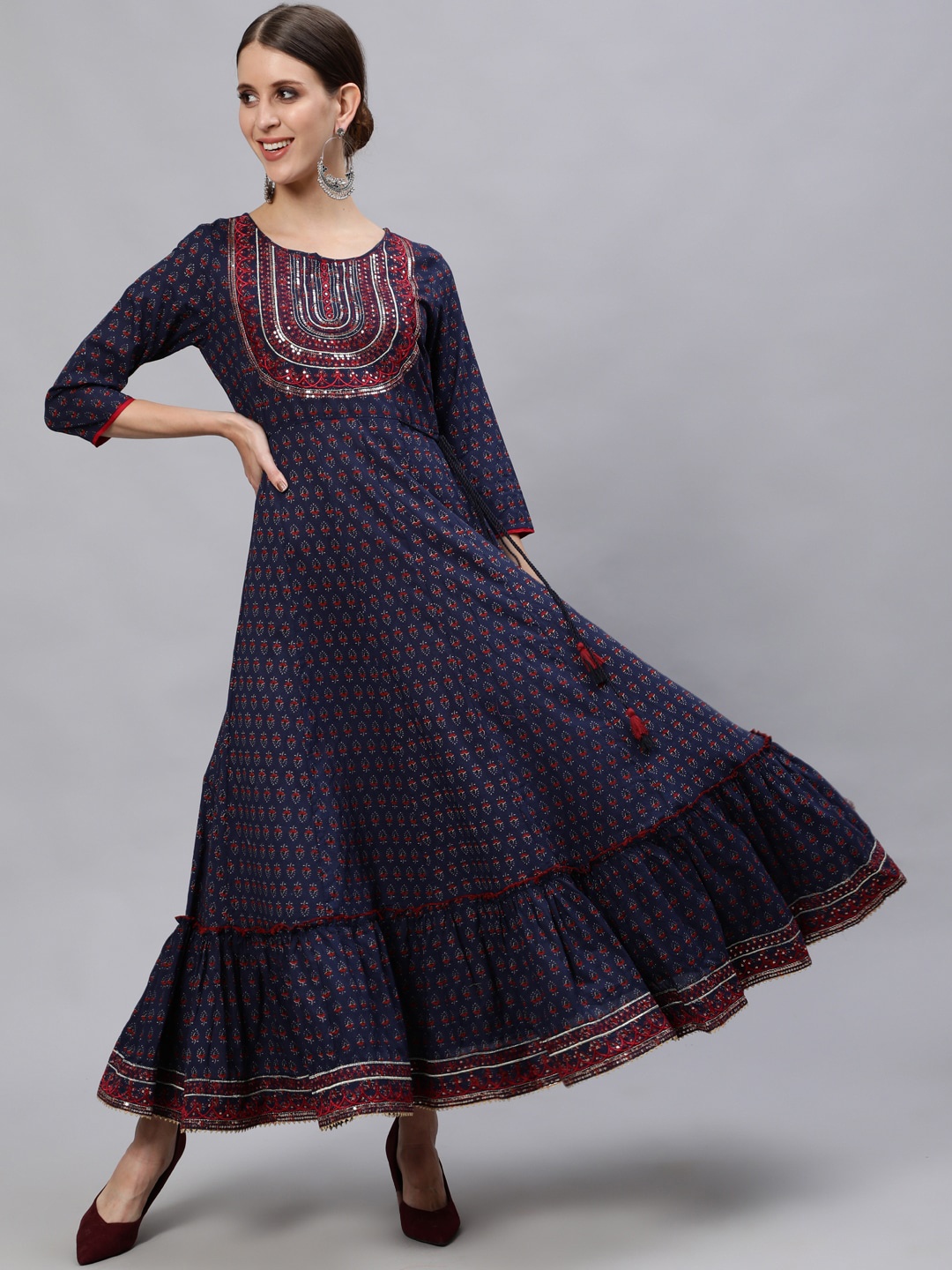 

Ishin Women Navy Blue & Red Ethnic Motifs Printed Thread Work Cotton Anarkali Kurta