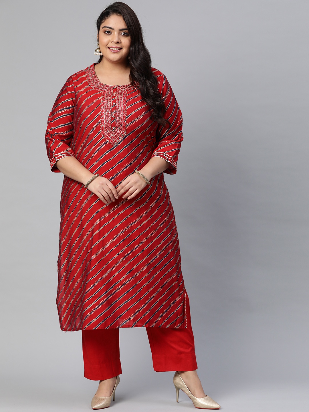 

Divena Women Red Leheriya Printed Regular Mirror Work Kurta with Trousers