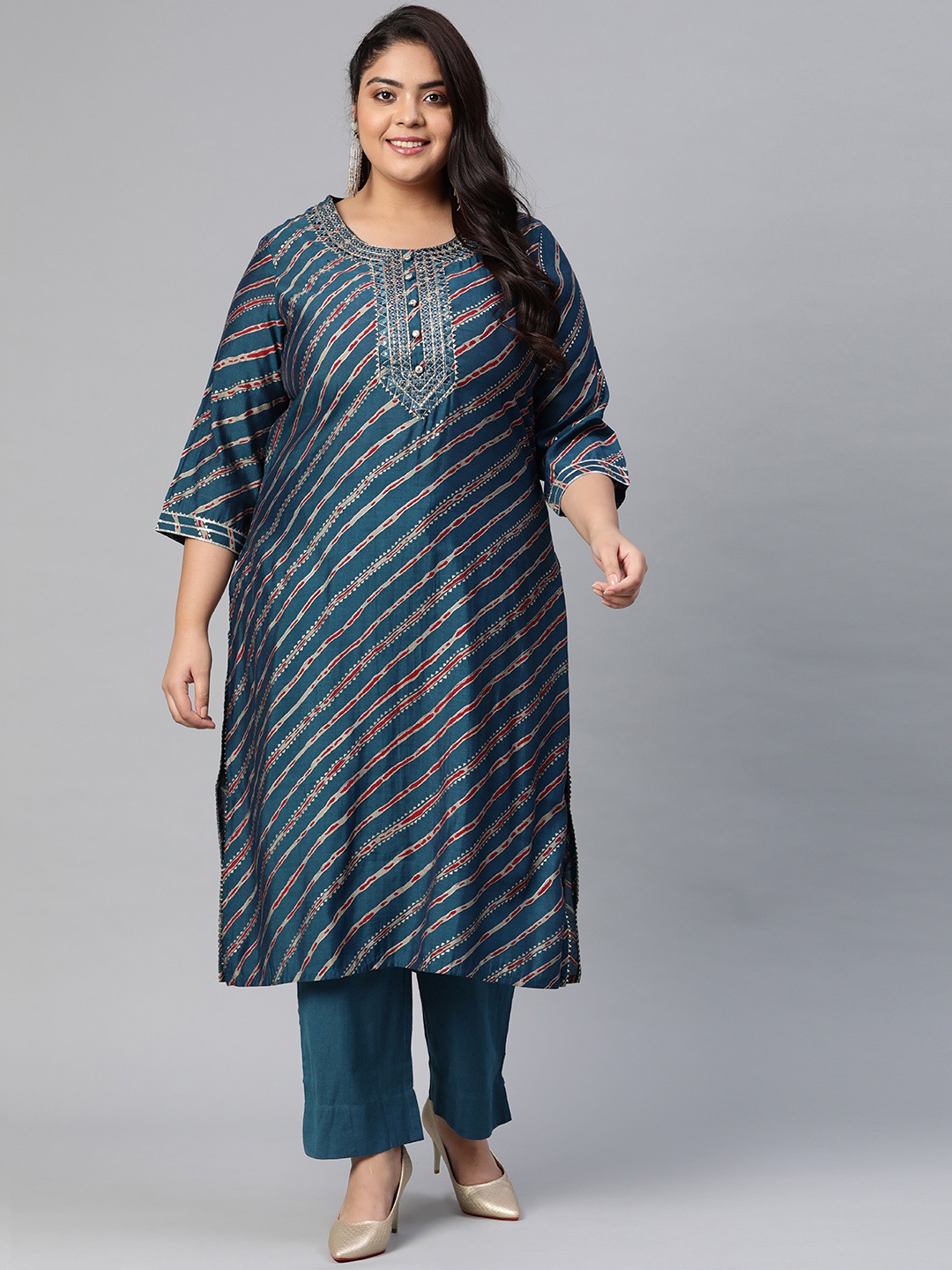 

Divena Women Blue Leheriya Printed Regular Mirror Work Kurta with Trousers