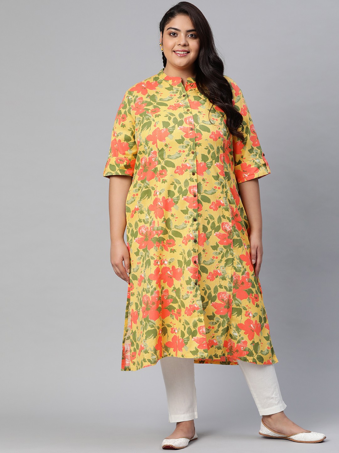 

Divena Women Plus Size Yellow & Orange Floral Print Kurta