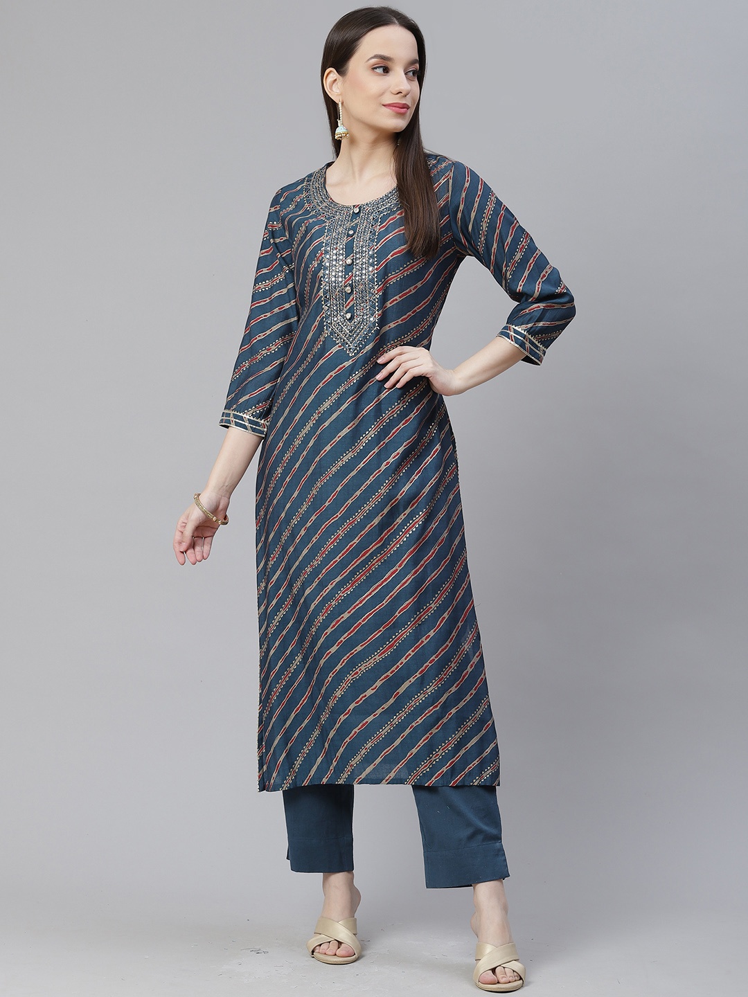 

Divena Women Blue Leheriya Printed Regular Mirror Work Kurta with Trousers