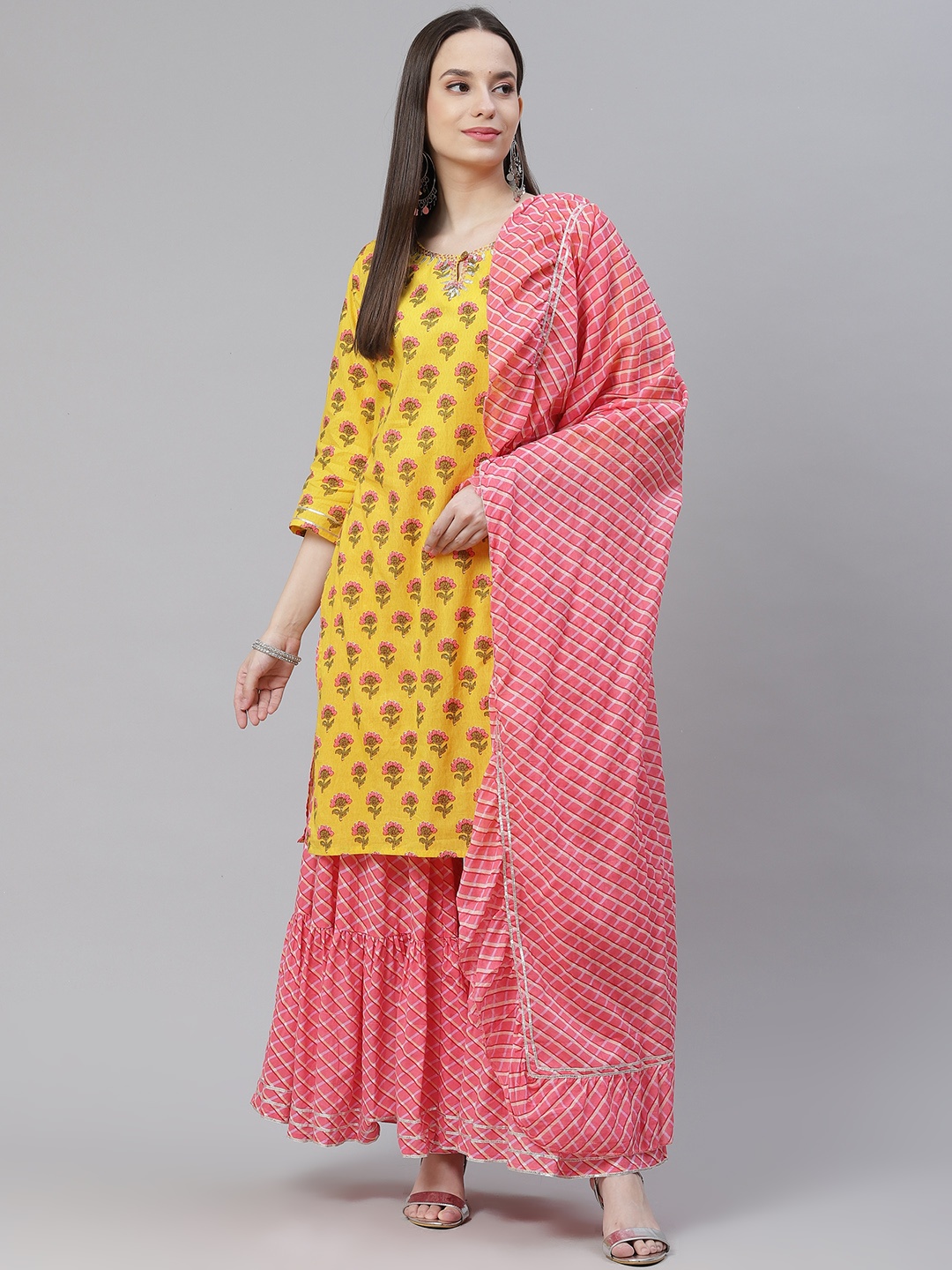 

Divena Women Yellow Floral Printed Regular Gotta Patti Pure Cotton Kurta with Sharara & With Dupatta