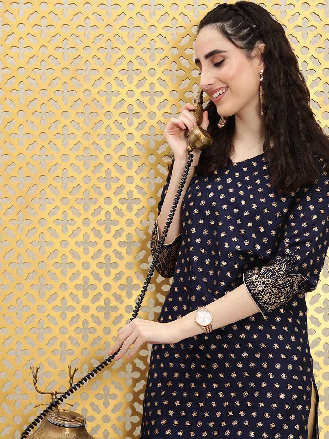 

Ode by House of Pataudi Women Navy Blue Ethnic Motifs Printed Straight Rozana Kurta