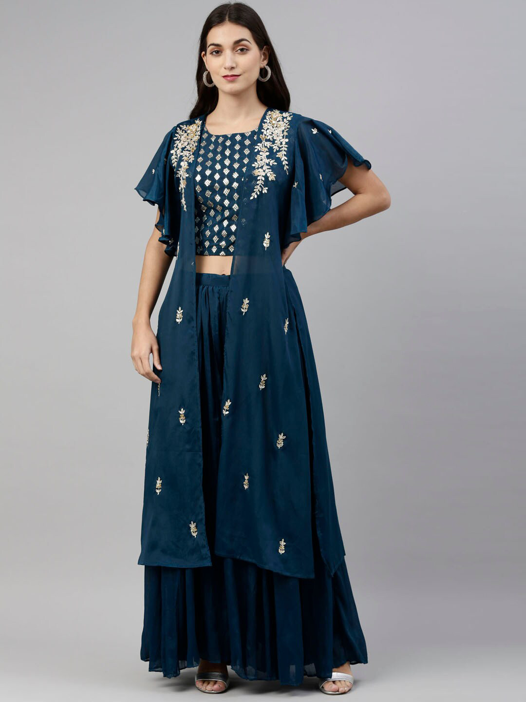 

Neerus Women Blue & Gold-Toned Embellished Top with Palazzos