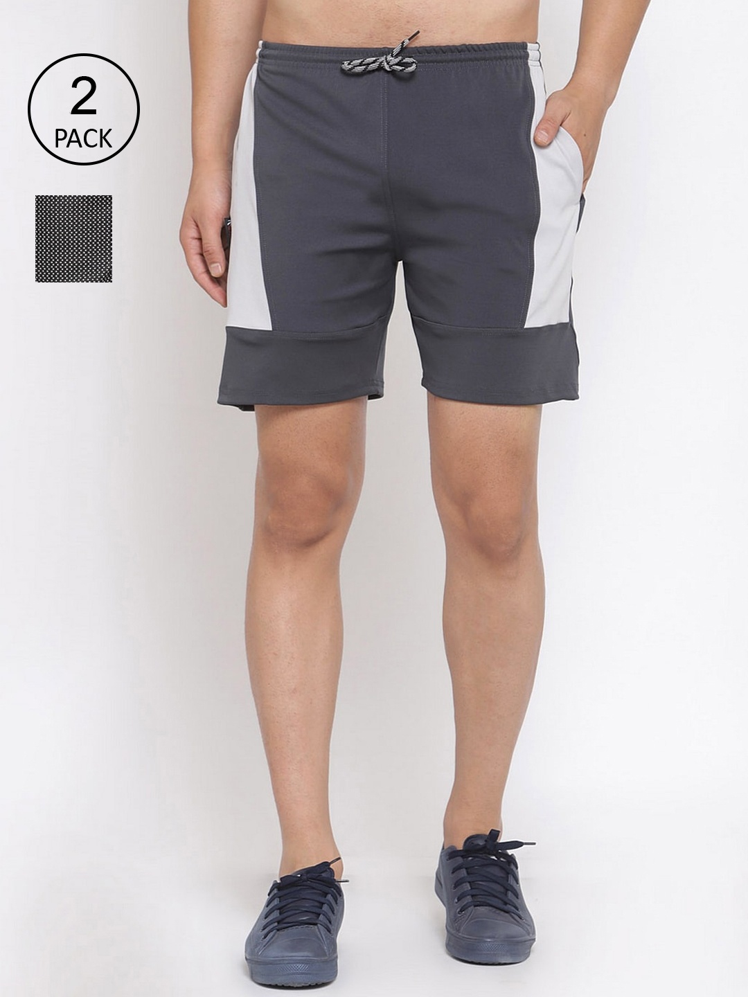 

KLOTTHE Men Pack Of 2 Multicoloured Colourblocked Sports Shorts, Grey