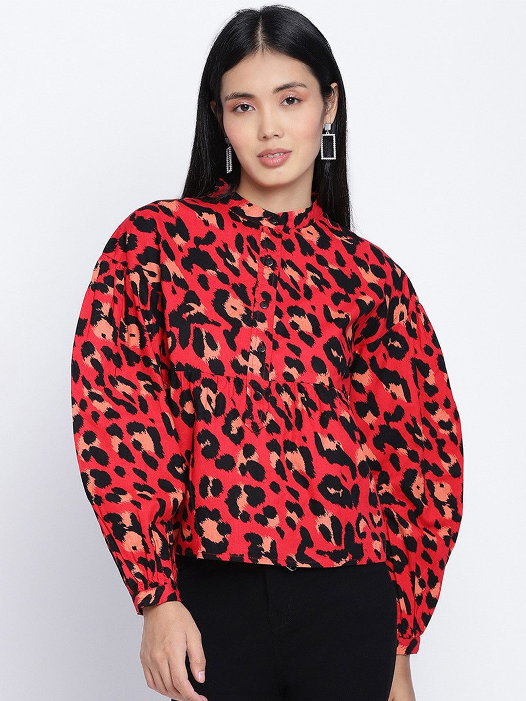 

Oxolloxo Red & Black Animal Print Mandarin Collar Shirt Style Top