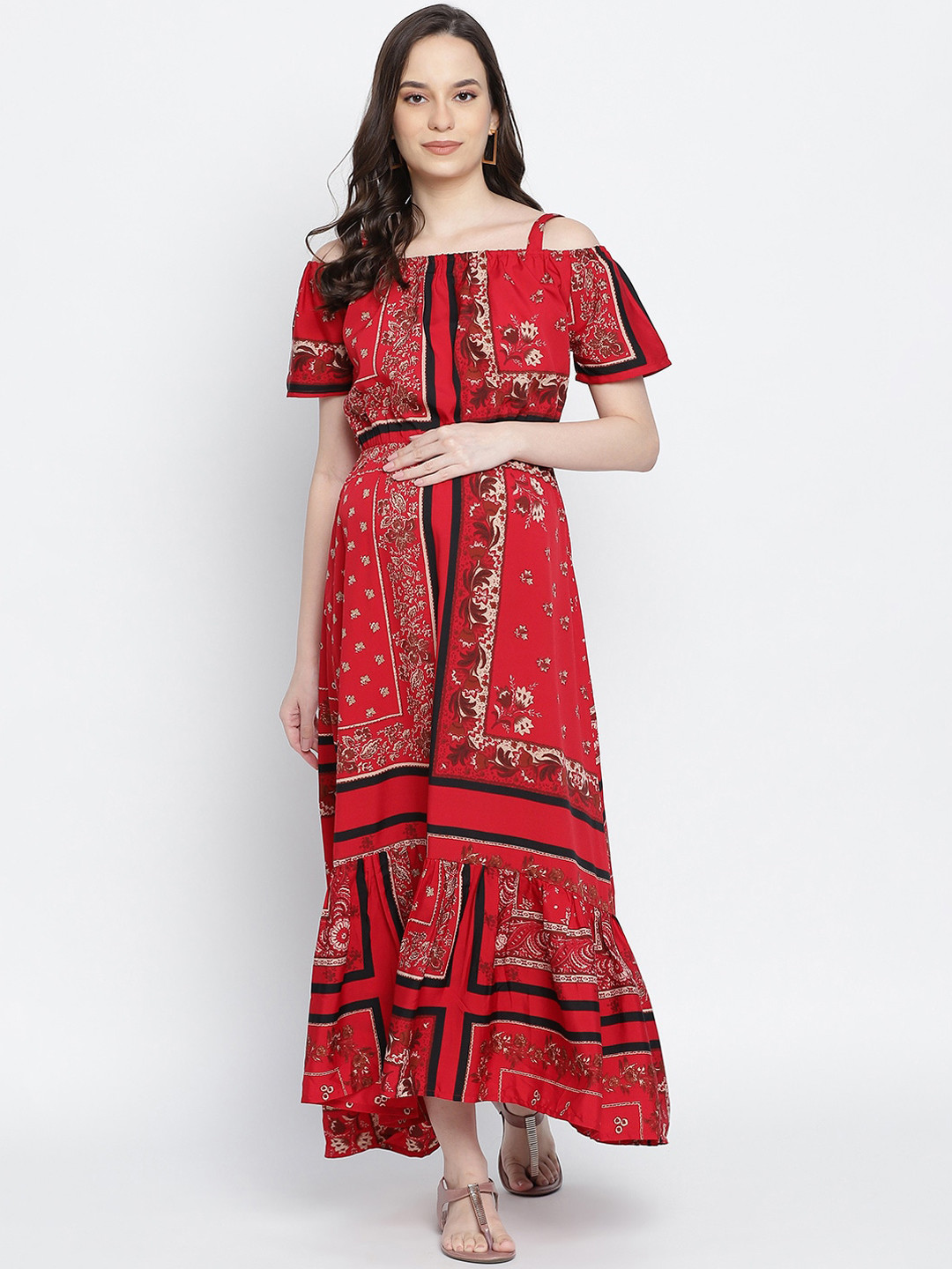 

Oxolloxo Red Ethnic Motifs Off-Shoulder Satin Maxi Dress