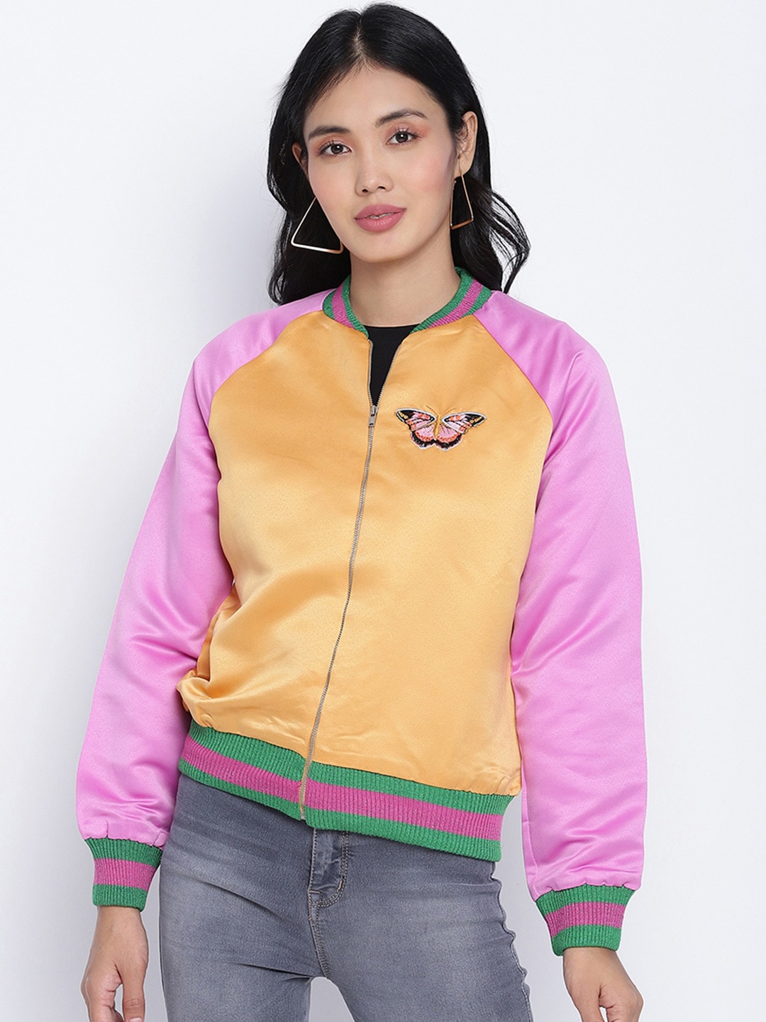 

Oxolloxo Women Orange Pink Colourblocked Bomber Jacket with Embroidered