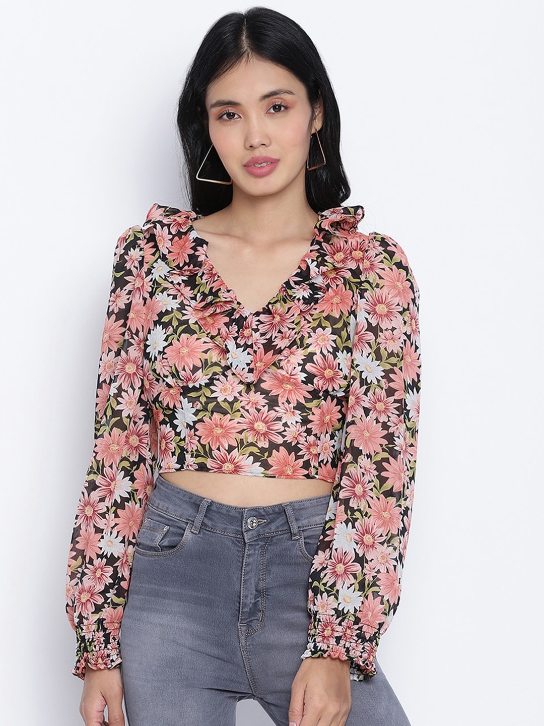 

Oxolloxo Peach-Coloured & Black Floral Fitted Crop Top