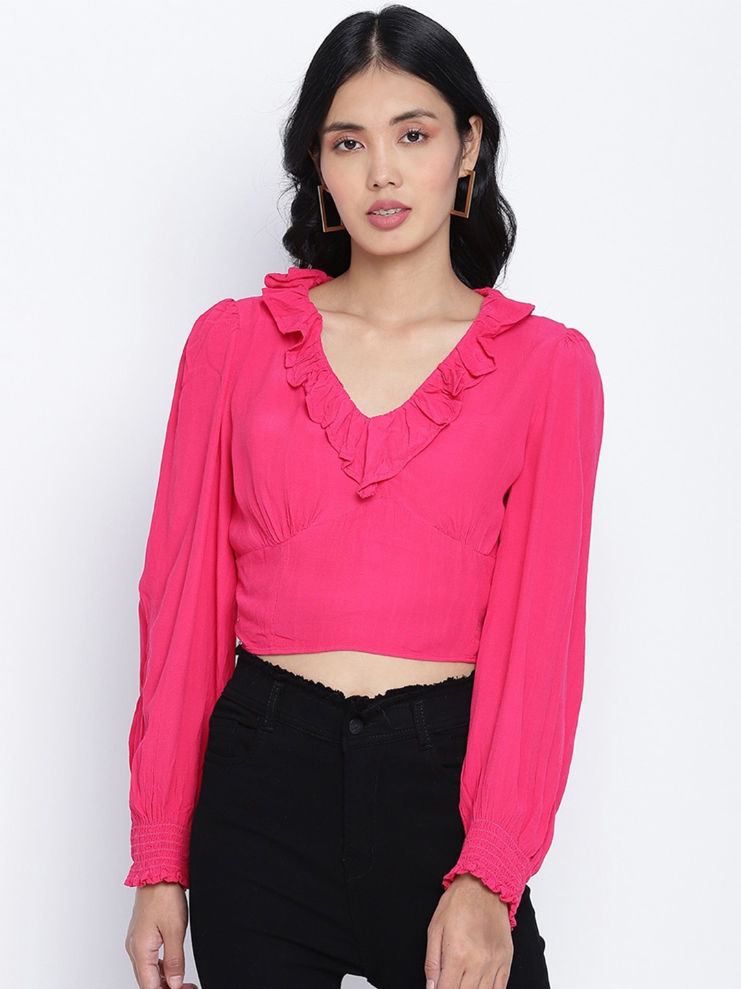 

Oxolloxo Pink Bishop Sleeves Frilled Design Blouson Crop Top