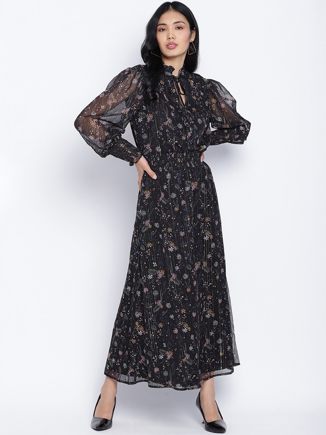 

Oxolloxo Black Floral Tie-Up Neck Satin Maxi Dress