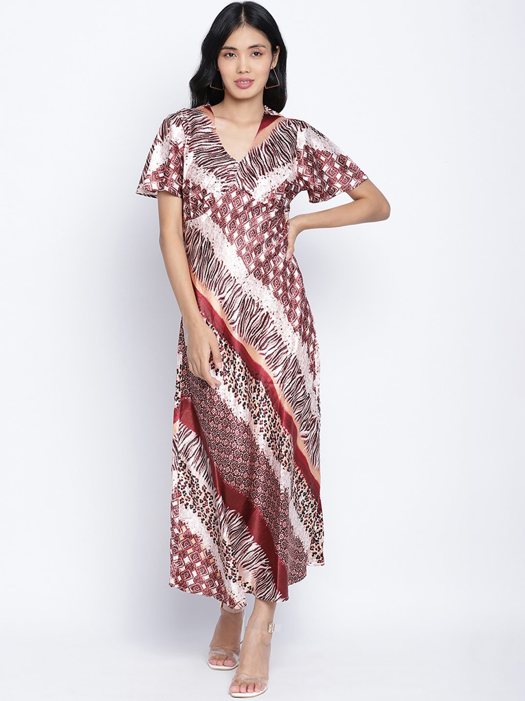 

Oxolloxo Multicoloured Ethnic Motifs Satin Maxi Dress, Multi