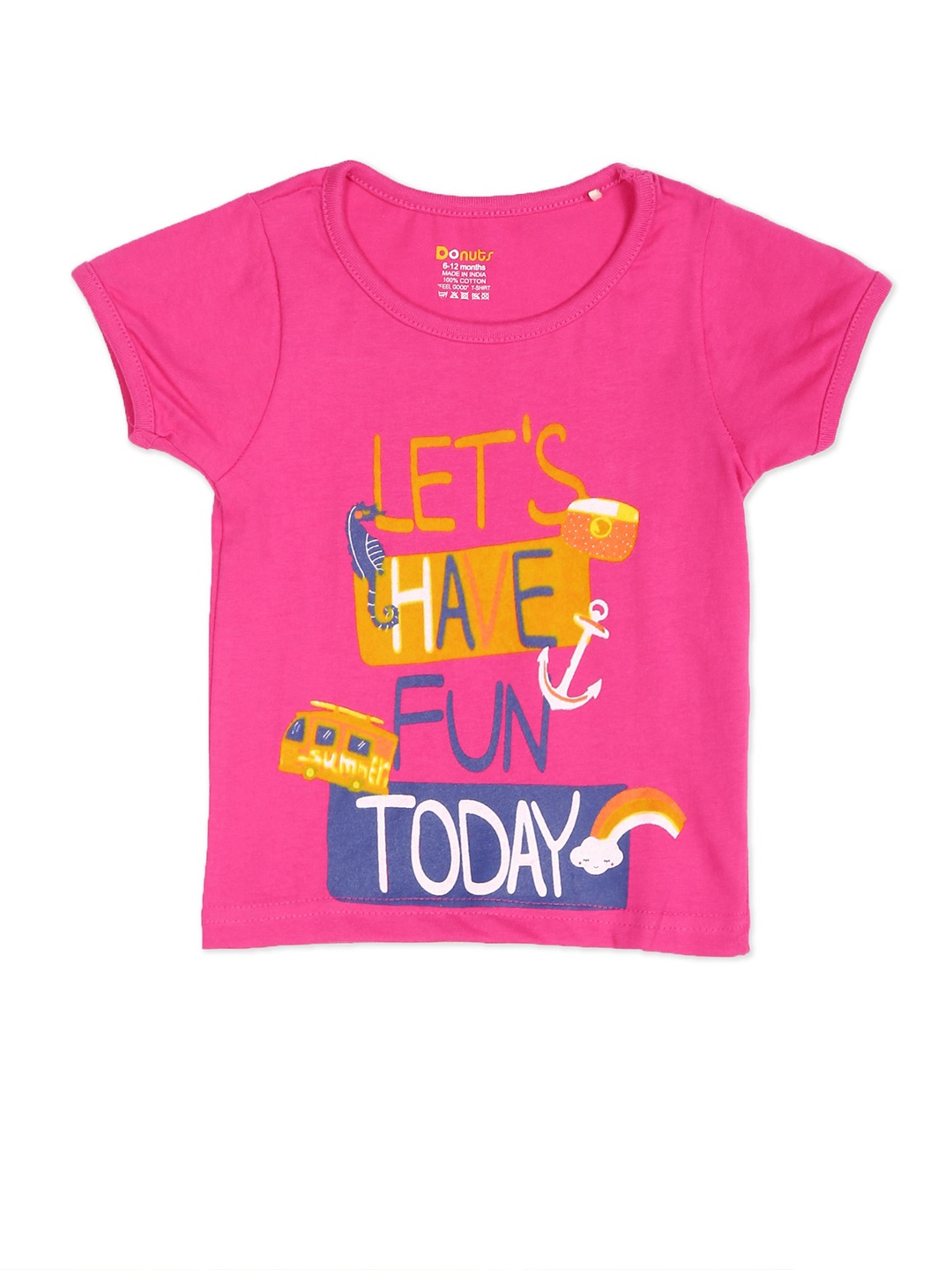 

Donuts Girls Pink Yellow Typography Printed Cotton Pure Cotton T-shirt