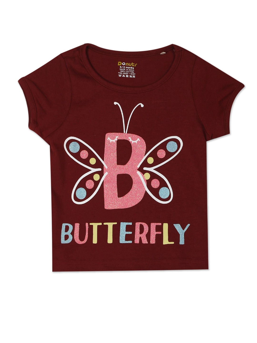 

Donuts Girls Maroon Glitter Graphic Printed T-shirt