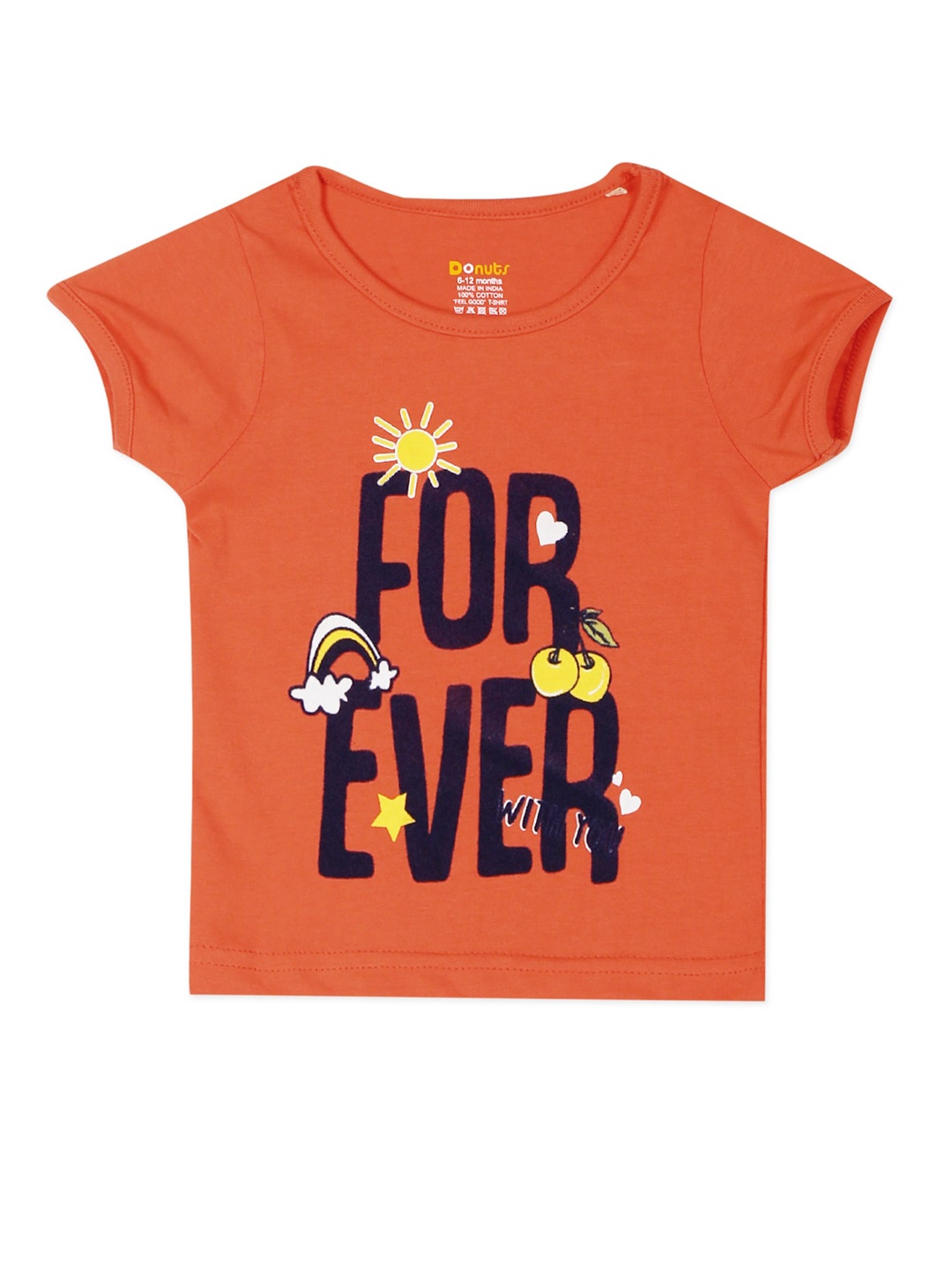 

Donuts Girls Orange & Black Typography Printed T-shirt