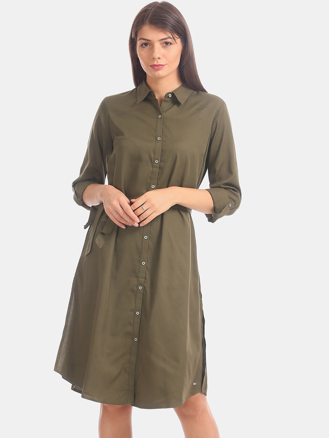 

U S Polo Assn Olive Green Tie Up Waist Shirt Dress