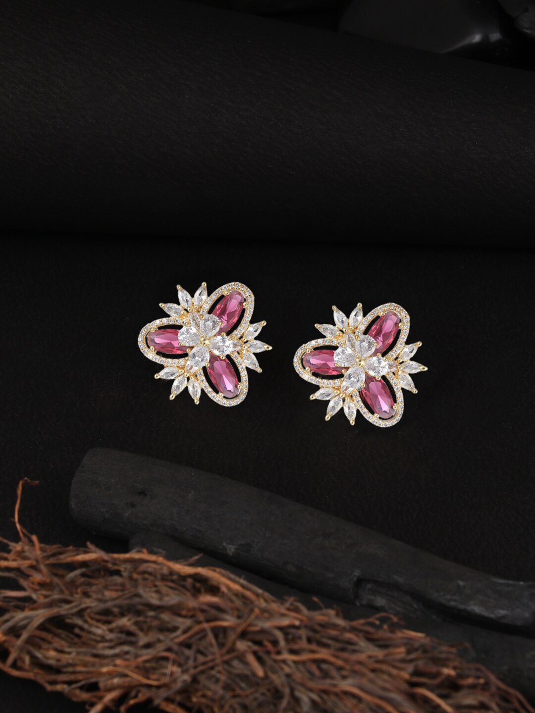 

Adwitiya Collection Pink 24 CT Gold Plated Contemporary Drop Earrings