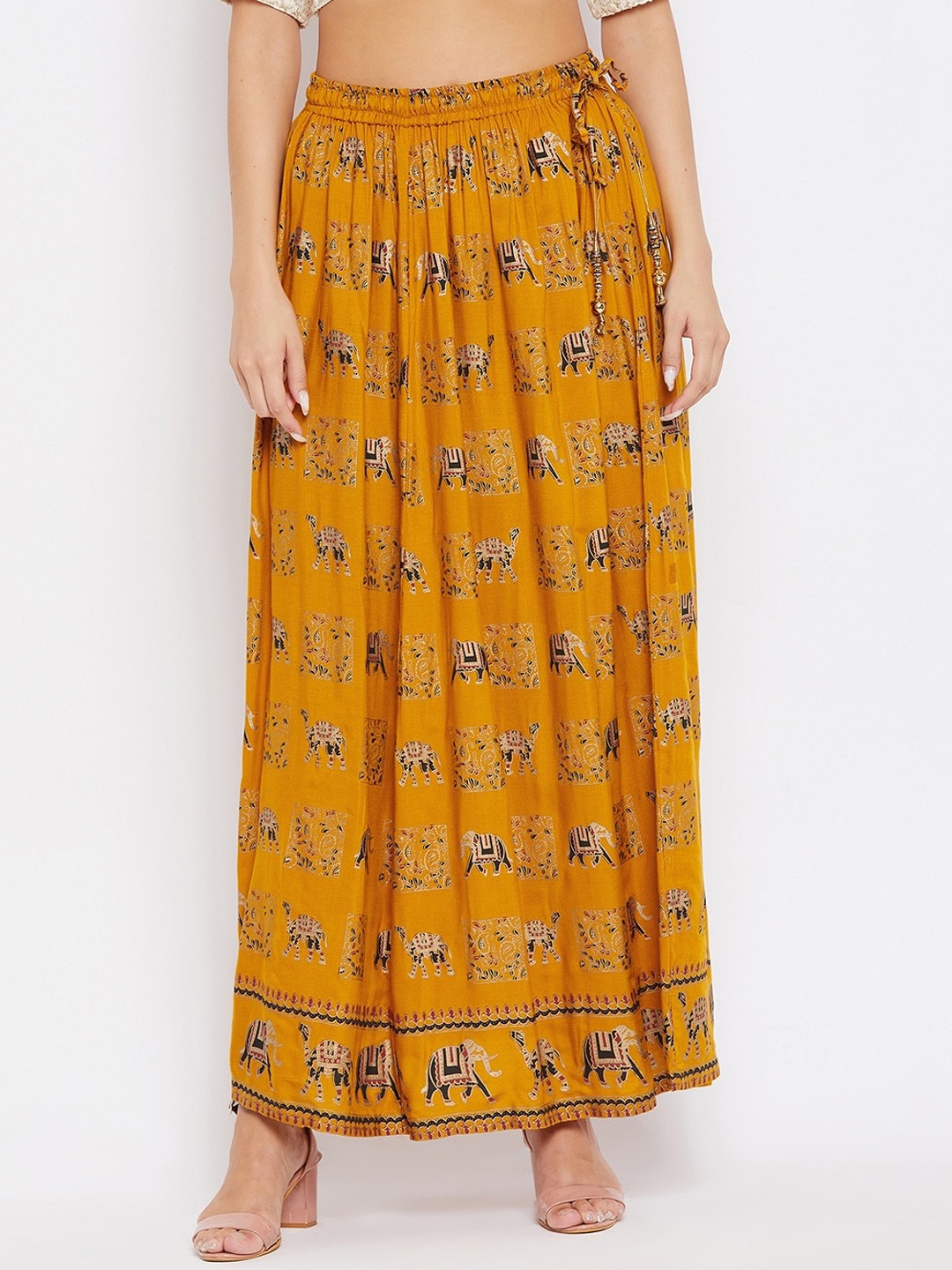 

Clora Creation Women Mustard Yellow Printed Maxi Length Flared Skirt