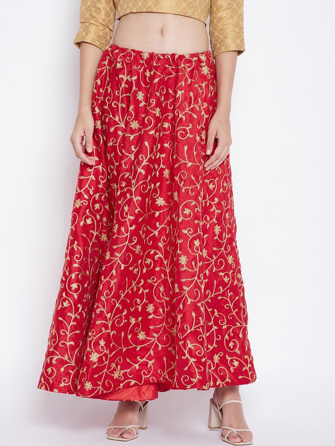 

Clora Creation Women Red & Gold-Coloured Embroidered Flared Maxi Skirt