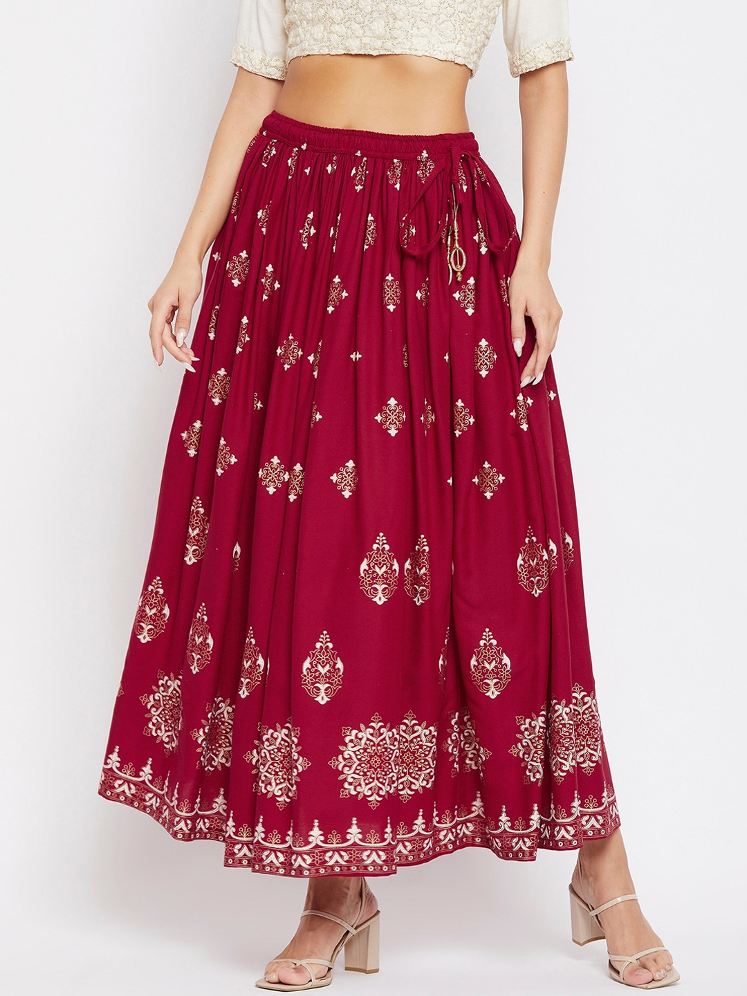 

Clora Creation Women Maroon & Gold-Coloured Printed Flared Maxi Skirt