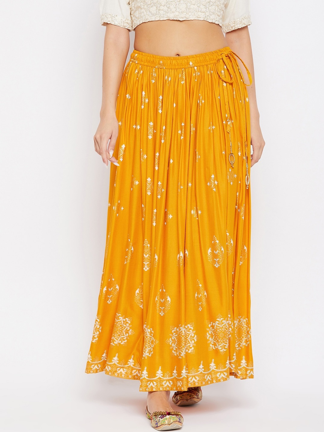 

Clora Creation Women Mustard-Yellow & Gold-Coloured Printed Flared Maxi Skirt