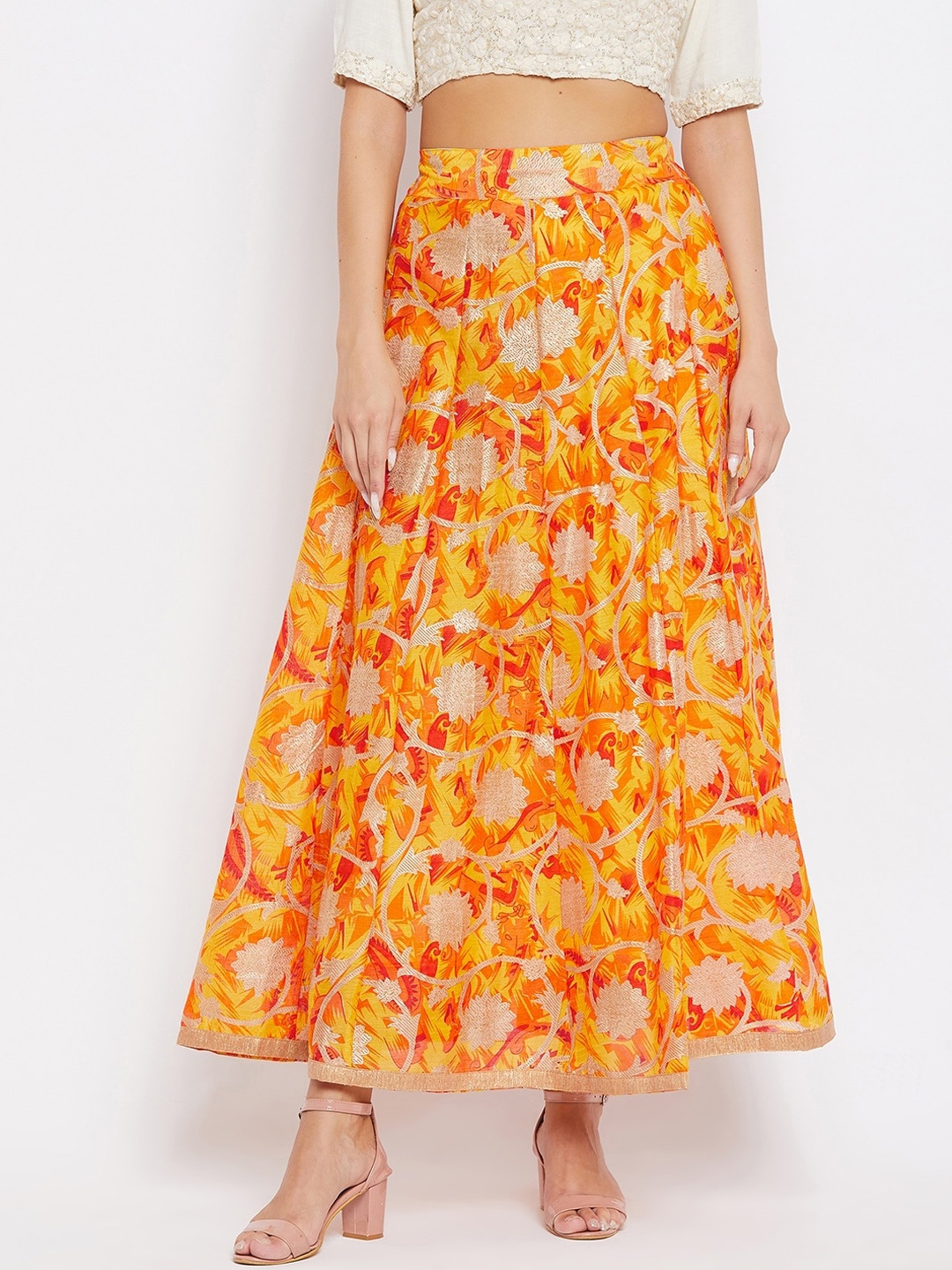

Clora Creation Women Yellow & Orange Floral Printed Flared Maxi Skirt