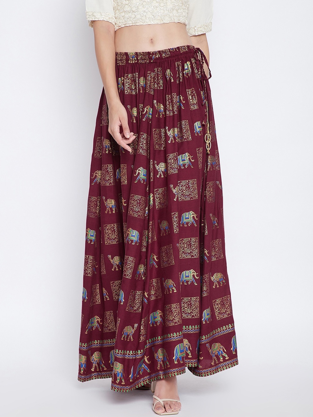 

Clora Creation Women Maroon & Gold-Coloured Printed Flared Maxi Skirt