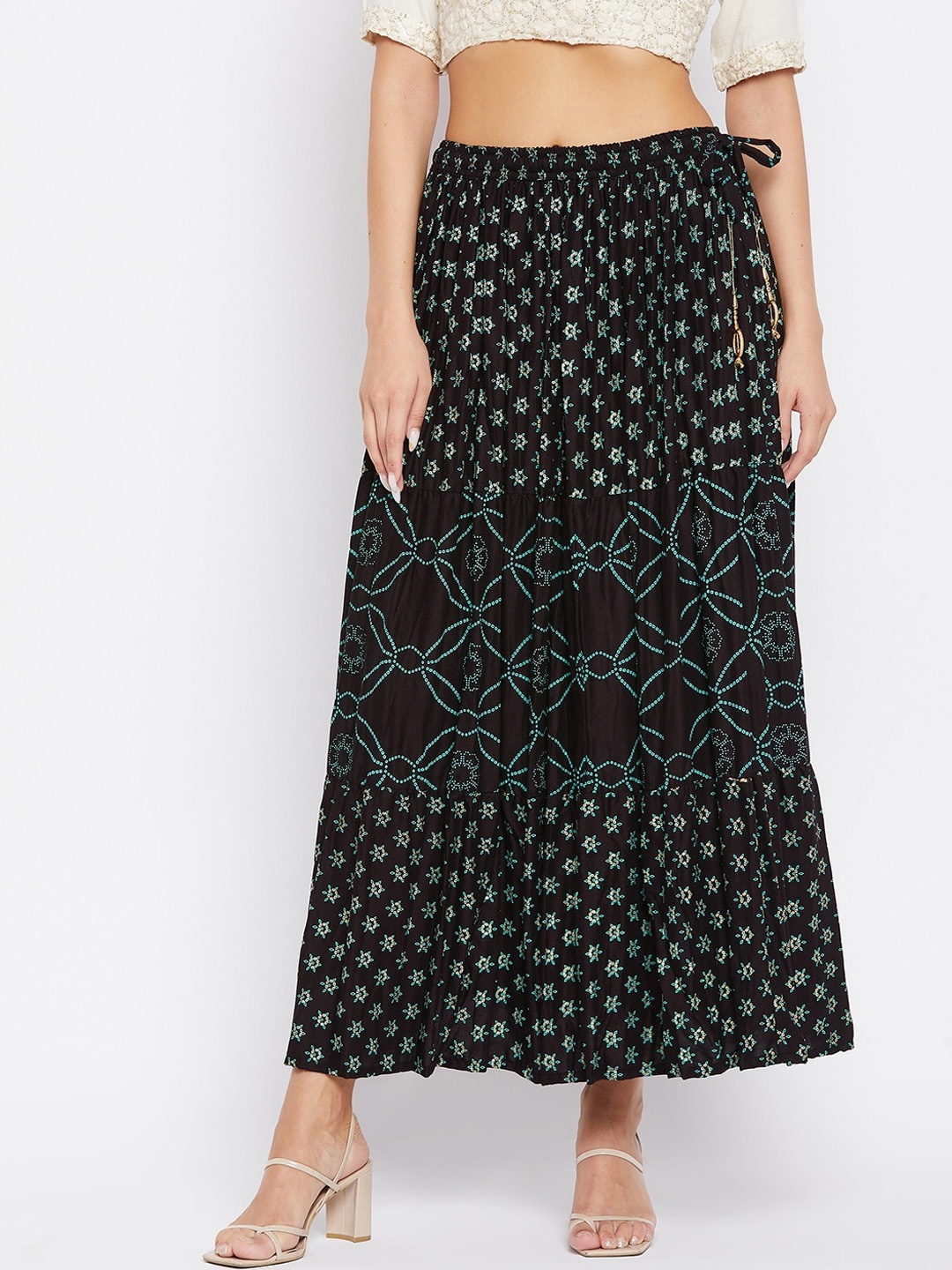 

Clora Creation Women Black & Blue Printed Tiered Maxi Skirt