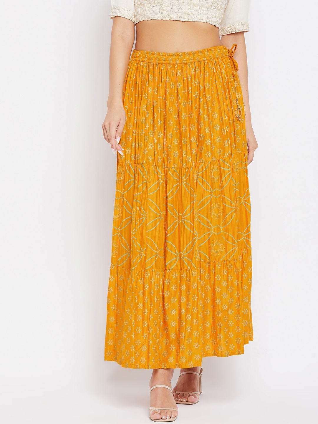 

Clora Creation Women Mustard Printed Maxi Length Tiered Skirt