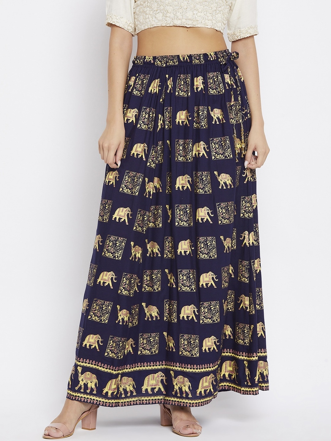 

Clora Creation Women Navy Blue & Gold-Coloured Printed Flared Maxi Skirt