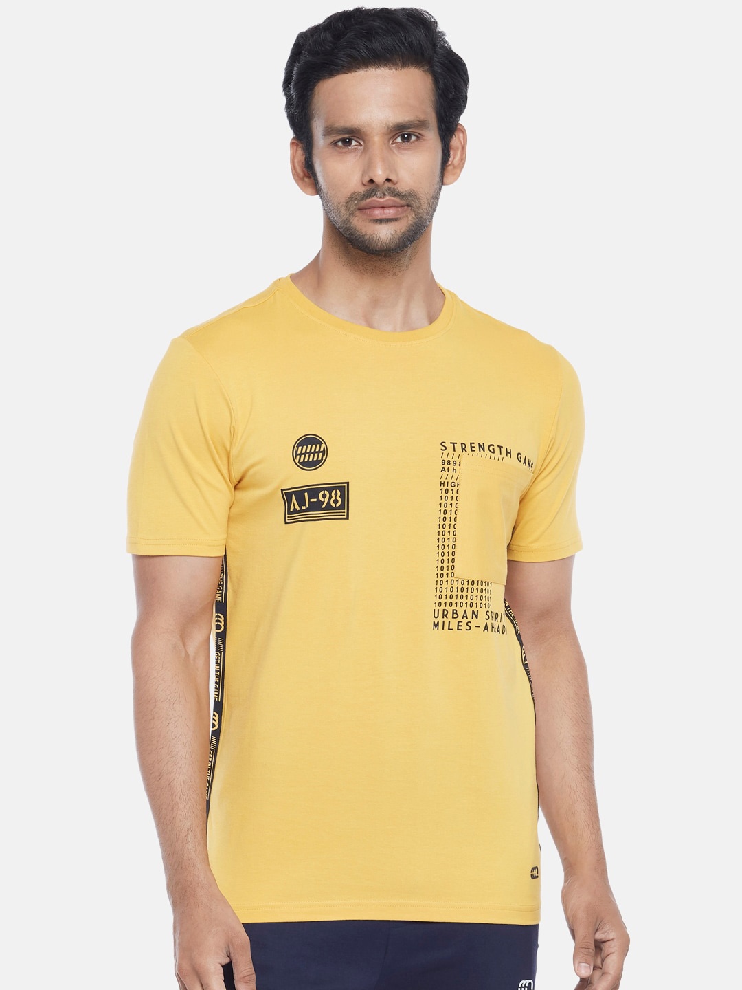 Ajile by Pantaloons Men Mustard Yellow & Black Typography Slim Fit Pure Cotton T-shirt